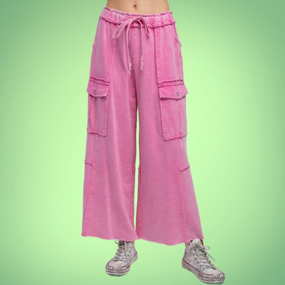 EASEL “Feeling Good Cargos” Mineral Washed Flared Leg, Raw Seams & Hems, Pockets - Picture 2 of 16